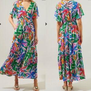 Sugarlips Paradise Falls Pismo Maxi Dress L Tropical Flutter Sleeve
